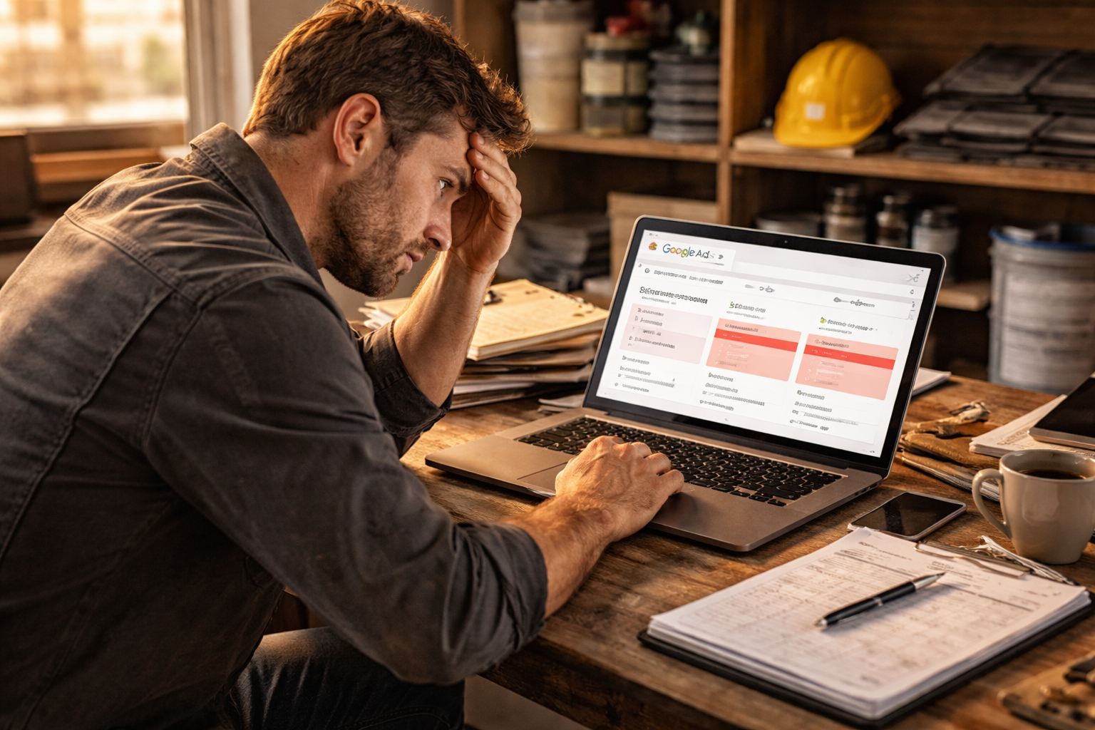 A roofing contractor frustrated while reviewing Google Ads results on a laptop